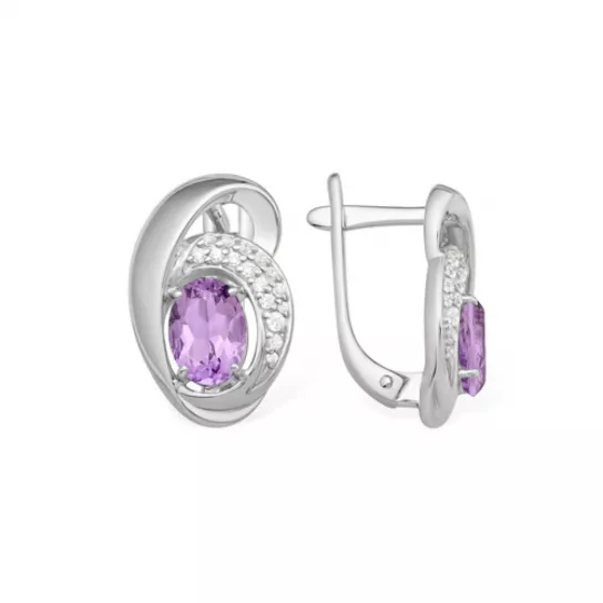 Серьги с фианитом и аметистом из серебра