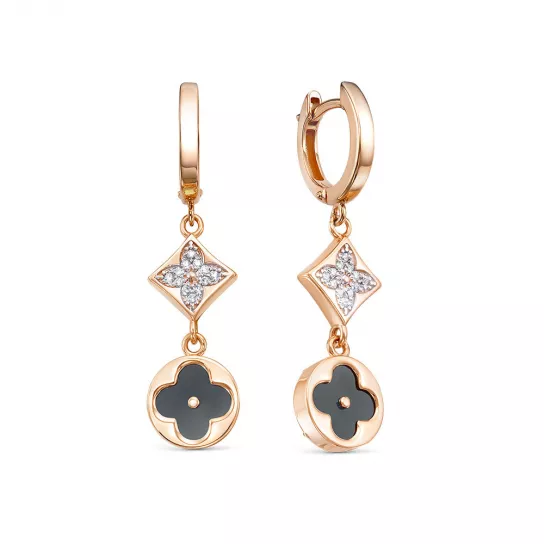 Серьги с фианитом и ониксом из золота